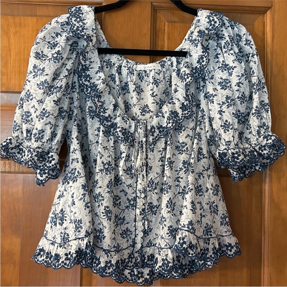 DOEN Songbird Toile Lazuli Top XS Blue White Floral Puff Sleeve Babydoll Eyelet - Picture 2 of 11